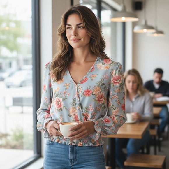 Ultra Flirt Floral Wrap Blouse in Blue and Pink - Picture 2 of 12